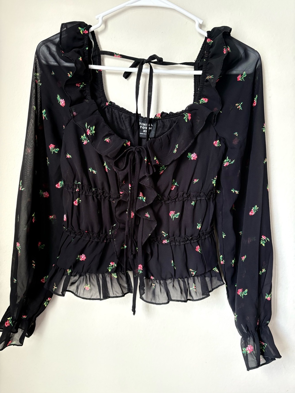 NWT Tinseltown XS Black Floral Sheer Long Sleeve Ruffle Tie Front Top